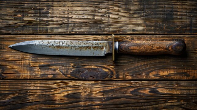A rusty knife on a wooden table with rust stains, AI