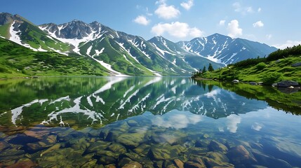 A serene mountain lake reflecting the majestic peaks in its tranquil waters, creating a picture-perfect scene of natural beauty.