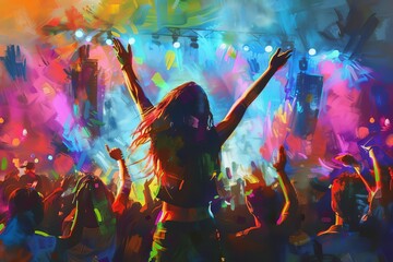 person dancing joyfully at outdoor music festival live concert experience digital painting