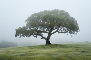 : A lone oak tree on a misty morning with dew-covered grass surrounding it.