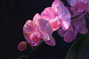 pink orchid flower on black background digital art made with ai technology concept illustration