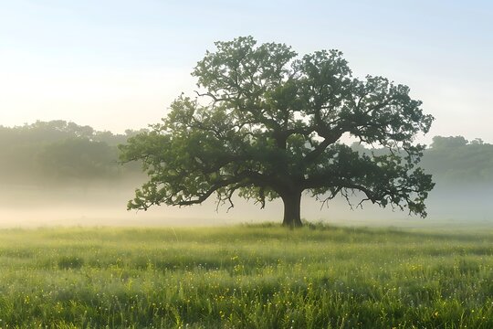 : A lone oak tree on a misty morning with dew-covered grass surrounding it.