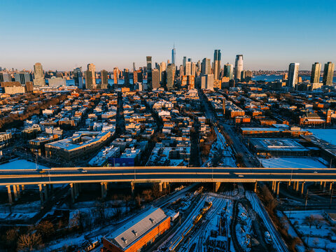 Manhattan Skyline with Highway from Jersey Winter View
