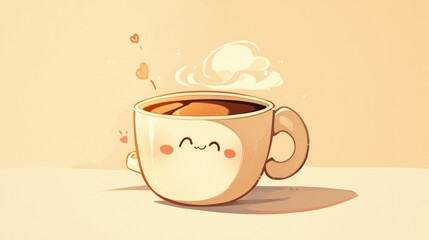 A 2d illustration of a steaming cup of coffee as a mascot