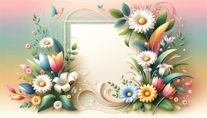 A soft pastel frame adorned with whimsical flowers and fluttering butterflies, radiating a romantic and fairytale vibe. Suitable for invitations, spring themes.