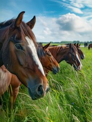 Obraz premium A herd of horses standing on top of a lush green field