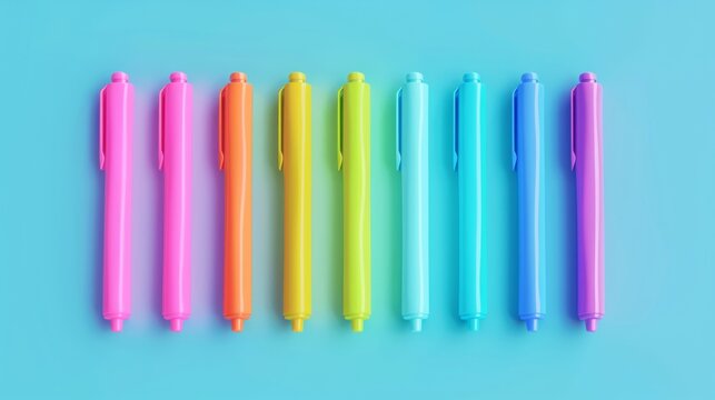 Blank mockup of a pack of eight neon highlighters in a variety of bold and bright colors for fun notetaking. .