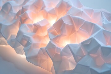 : A luminous pearl white surface with cascading folds that morph into overlapping hexagons, bathed in a soft neon glow. - obrazy, fototapety, plakaty