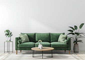 Modern interior design of a living room with a green sofa and coffee table on a white wall background