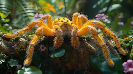 An electric blue spider is perched on a tree branch