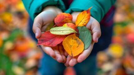 A person holding a handful of colorful leaves in their hands, AI - obrazy, fototapety, plakaty