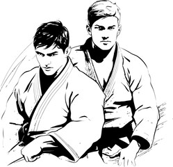 Synchronized Strike Martial Artist Icon Twin Tornadoes Vector Emblem Design