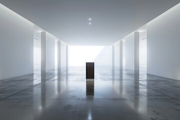 : A minimalist art gallery with a sleek, polished concrete floor reflecting the blurred silhouettes of modern sculptures. A spotlight illuminates a single, dark wood pedestal in the center, ideal 