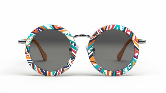Blank mockup of round sunglasses with a tribal print design .