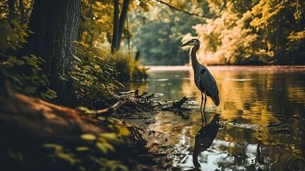 A serene image of a heron in its habitat, standing tall amidst the tranquil waters, its graceful silhouette blending seamlessly with the natural surroundings. - obrazy, fototapety, plakaty