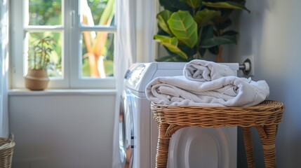A stack of towels on a wicker chair in front of the washer, AI