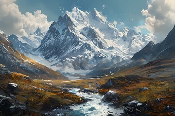: A mountain range with snow-capped peaks and a river flowing through the valley. - obrazy, fototapety, plakaty
