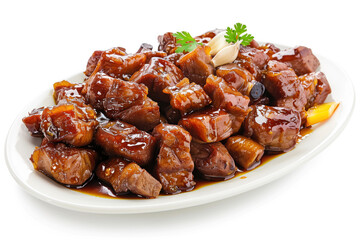 A plate of Chinese pork with honey-soy sauce and a bunch of parsley on top