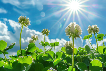 A field of white flowers of clover with a bright sun shining on them