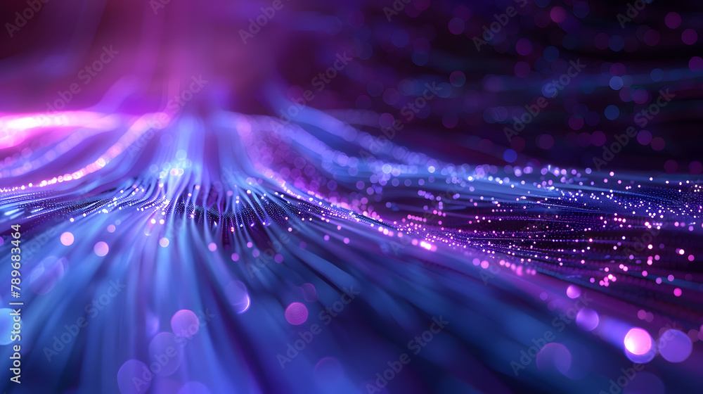 Poster abstract horizon with shimmering lime and violet light trails on a blue platform. augmented reality.