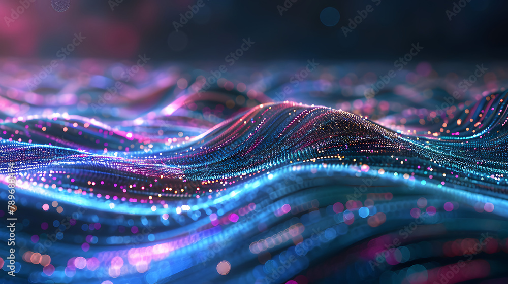 Aufkleber abstract horizon with shimmering lime and violet light trails on a blue platform. augmented reality.