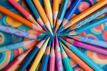 A bunch of colored pencils are arranged in a circle on a blue background