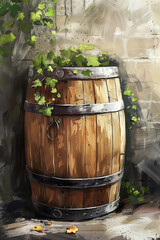 A wooden barrel with vines growing out of it