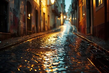 : A narrow cobblestone street wet with rain, reflecting the soft glow of street lamps