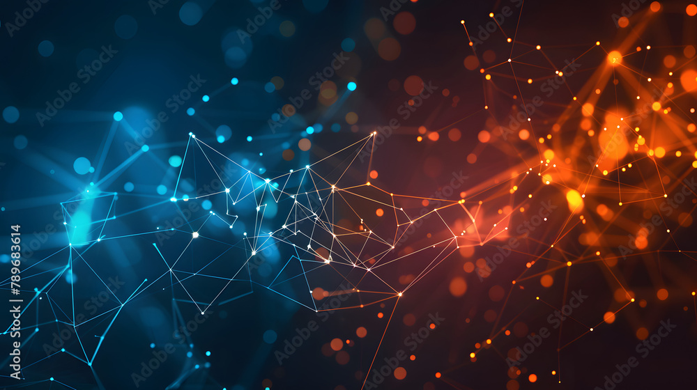 Aufkleber abstract polygonal background with low poly tech and digital connections in blue. orange and red col