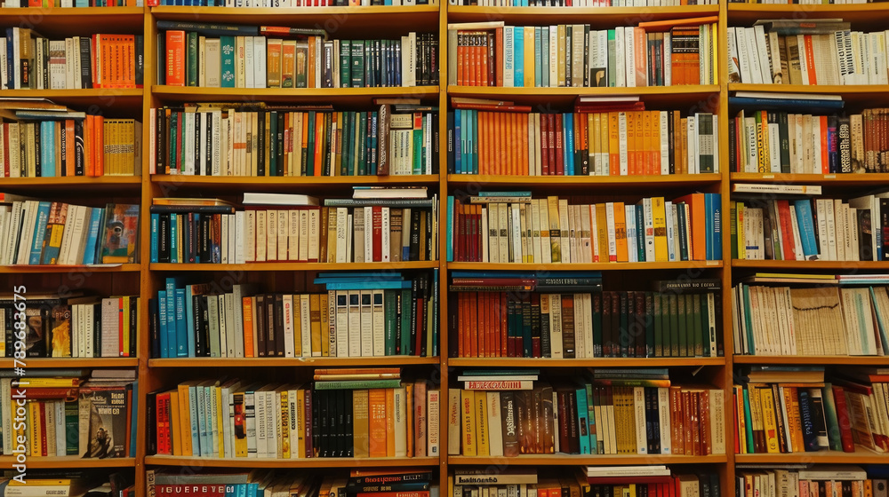 Poster a bookshelf filled with various colored books neatly arranged side by side