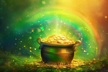 pot of gold with a rainbow lucky charm concept illustration digital art