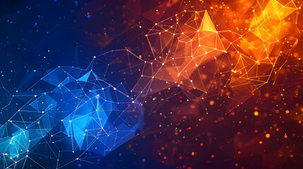 Abstract polygonal background with low poly tech and digital connections in blue. orange and red colors. Abstract technology wallpaper