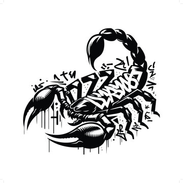 scorpion silhouette, animal graffiti tag, hip hop, street art typography illustration.
