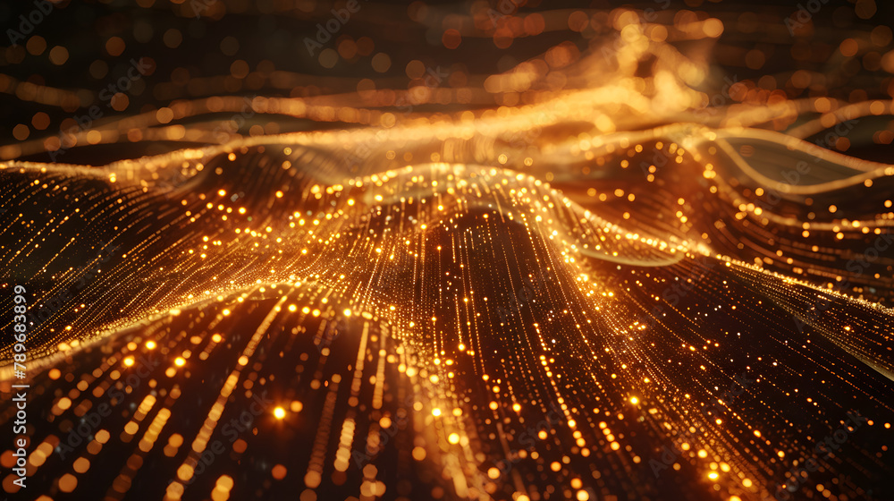 Poster abstract view with shimmering bronze and platinum light tracks on a copper terrain. edge computing. 