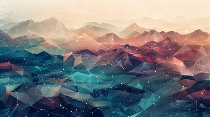 Abstract triangular landscape with low poly tech and digital connections in teal. magenta - obrazy, fototapety, plakaty