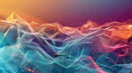 Abstract triangular landscape with low poly tech and digital connections in teal. magenta - obrazy, fototapety, plakaty