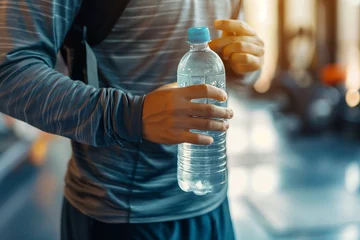 Fototapeten An unrecognizable young man in sportswear at the gym and his hand a water bottle, a young gymnastic man with a water bottle, drinking water at the gym, a man with water bottle, gym, drinking water gym © MH