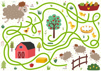 Help the sheep to find a way to the fence. Farm maze activity for kids. Mini game for school and preschool. Vector illustration - 789683886