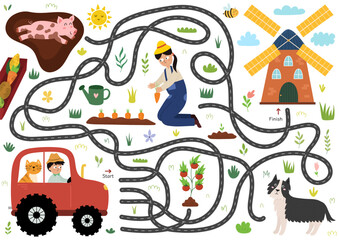 Help the farmer and the cat to drive on the tractor to the windmill. Farm maze activity for kids. Mini game for school and preschool. Vector illustration