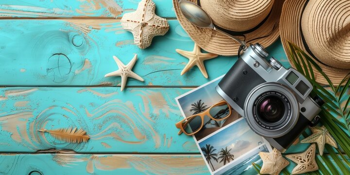 Summertime travel essentials flat lay: Overhead view of travel items laid out on a turquoise wooden background