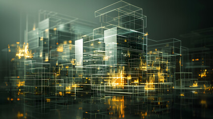 An abstract digital representation of a condominium complex formed from connected. luminous information currents and schematics