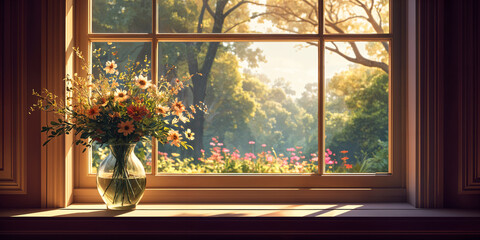 A window with a vase of flowers placed on the windowsill, overlooking a beautiful garden outside.
