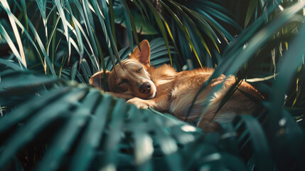 A dog relaxing peacefully in the shade of a palm tree on a sunny day