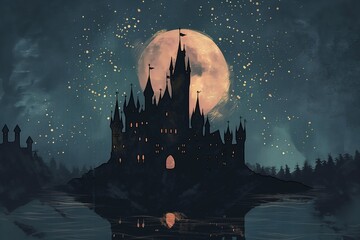 Illustration of a mystical enchanted castle under the glow of a full moon, showcasing gothic architecture and serene water reflection in a magical and mysterious fairytale landscape - obrazy, fototapety, plakaty