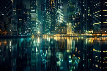 Fototapeta na wymiar : A night-time scene of a cityscape reflected in a river.