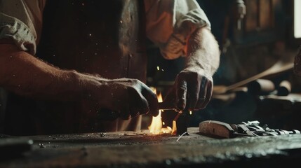 In a traditional blacksmith shop the master craftsman works tirelessly to shape the metal into a practical tool his skilled hands and focused expression showing his expertise in his .