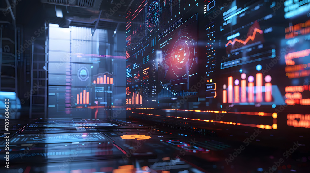 Poster an electronic art of an advanced data hub showing instantaneous metrics and insights. with holograph