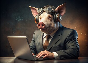 Business concept. Hyper-realistic animal character Pig, adult, in a business suit, working at a laptop. Allegory concept in business. Generation of AI - 789684636
