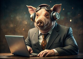 Business concept. Hyper-realistic animal character Pig, adult, in a business suit, working at a laptop. Allegory concept in business. Generation of AI - 789684645
