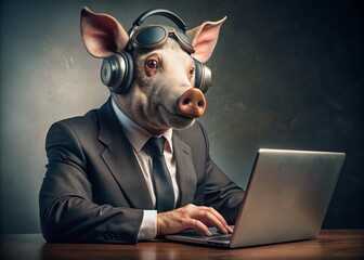 Business concept. Hyper-realistic animal character Pig, adult, in a business suit, working at a laptop. Allegory concept in business. Generation of AI - 789684647